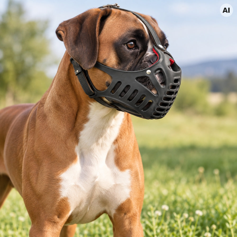 KOCH Boxermaulkor in der Farbe schwarz, getragen von einem Hund, Boxer in braun