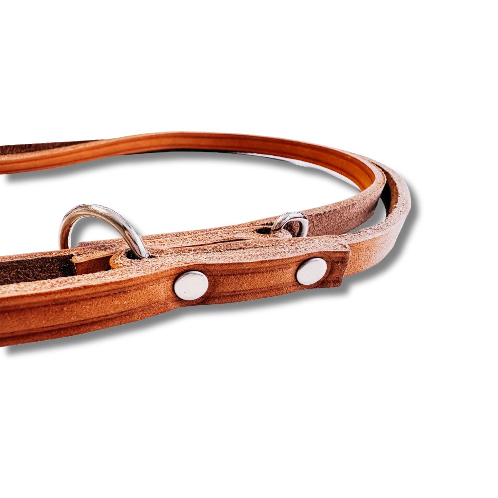 Kantenfinish: saubergenietetes Vollrindleder, 12 mm, Nieten und Ringe der 2-m Leine
