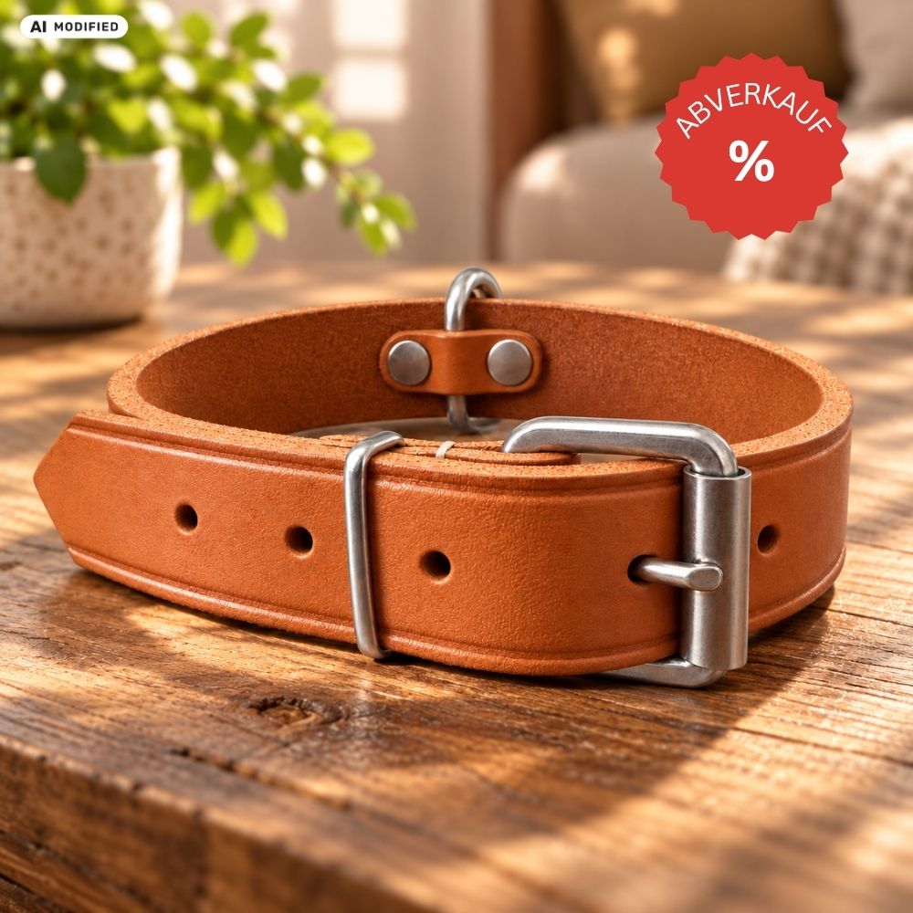KOCH Hundehalsband aus nautur Echtleder, Dornschnalle & D-Ring, genietet und genäht auf Tisch – deutscher Manufaktur-Abverkauf