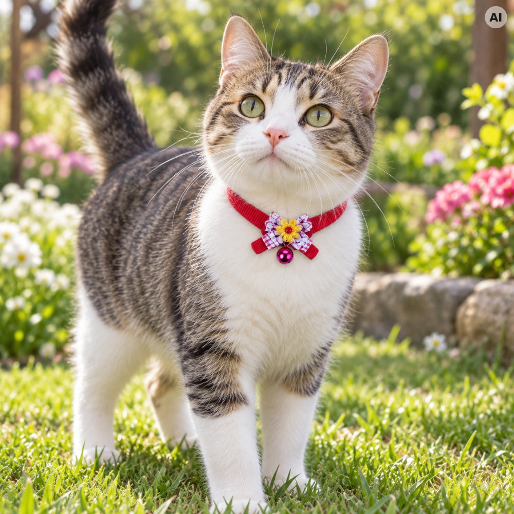 KOCH Katzenhalsband rot getragen von einer weiß getigerten Katze in einem Garten