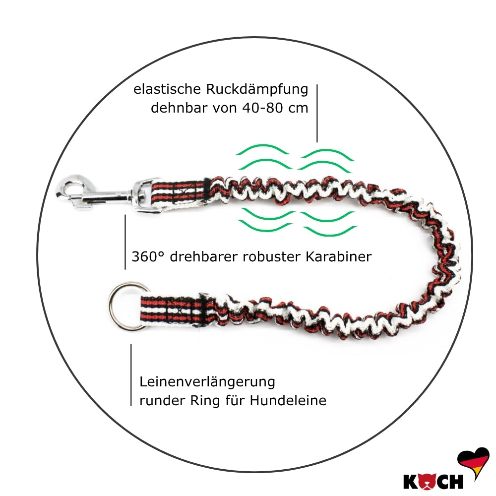 KOCH Ruckdämpfer Leinenverlängerung für Hundeleine Detailansicht elastischer Teil und robuster Karabiner