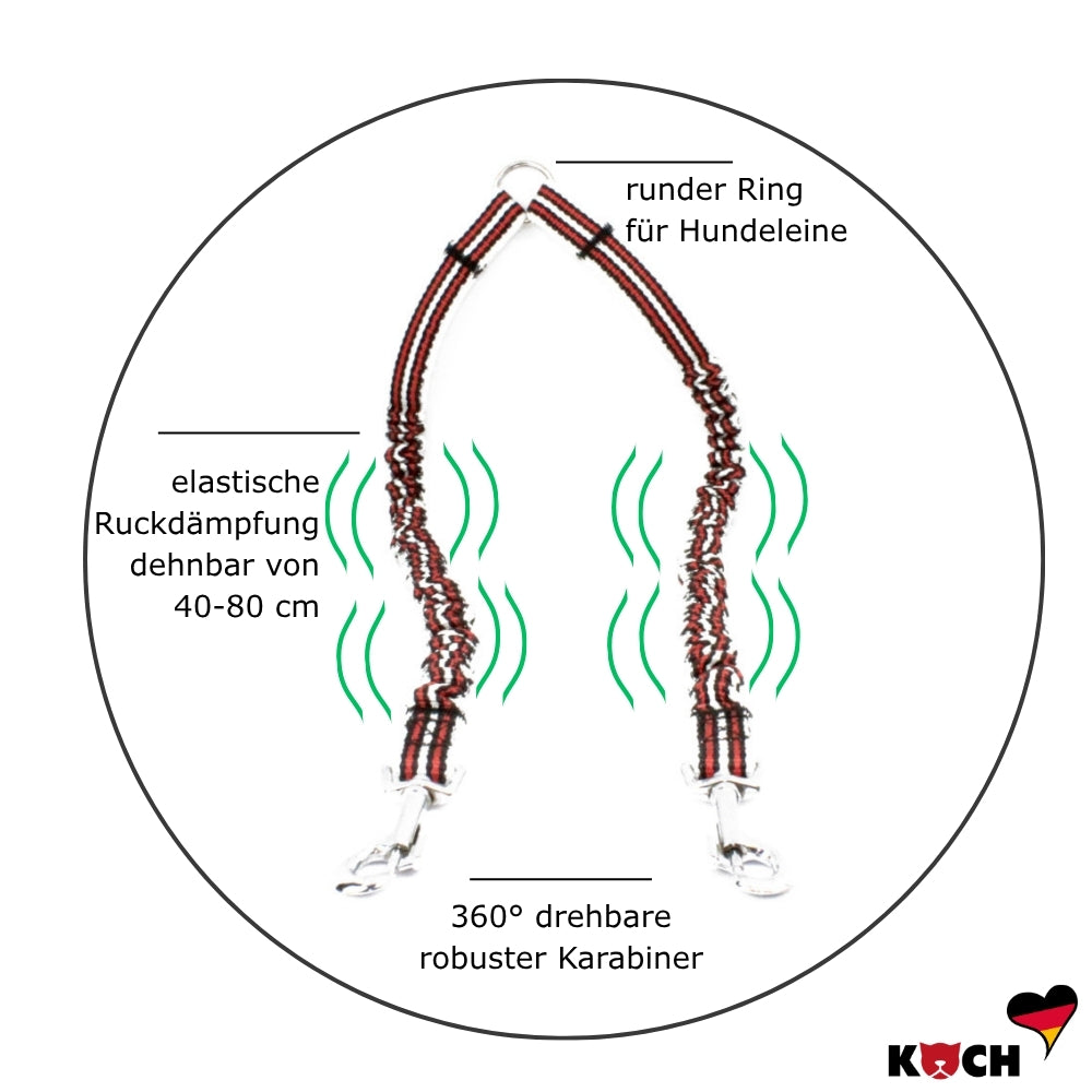 KOCH Koppel für zwei Hunde mit Ruckdämpfer Detailansicht elastischer Ruckdämpfer