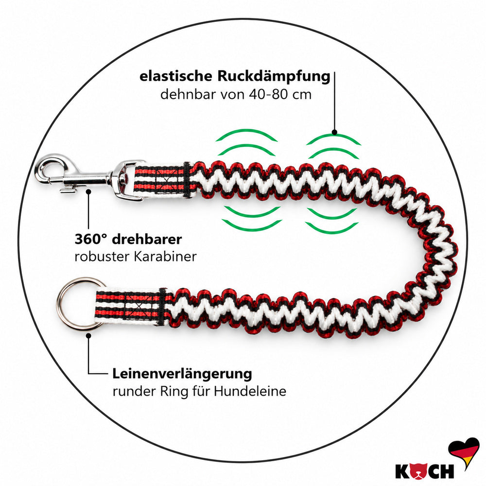 KOCH Ruckdämpfer Leinenverlängerung für Hundeleine Detailansicht elastischer Teil und robuster Karabiner