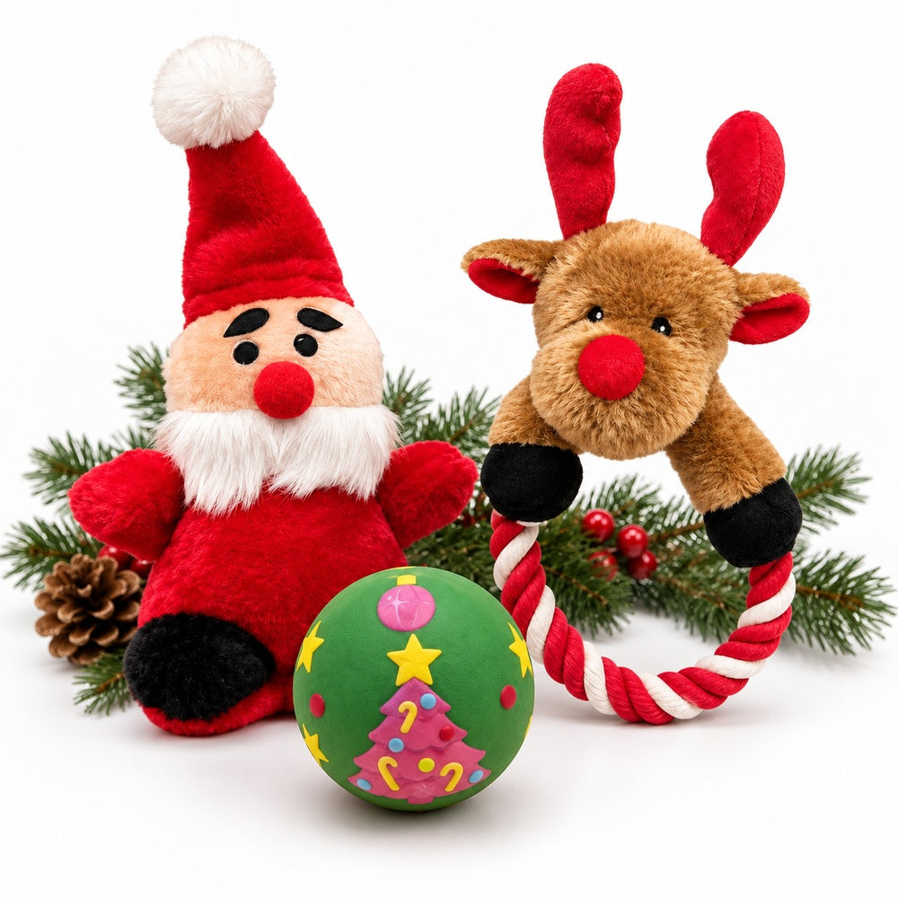 Hundespielzeug-Set, Plüsch Santa, Elch, Ball
