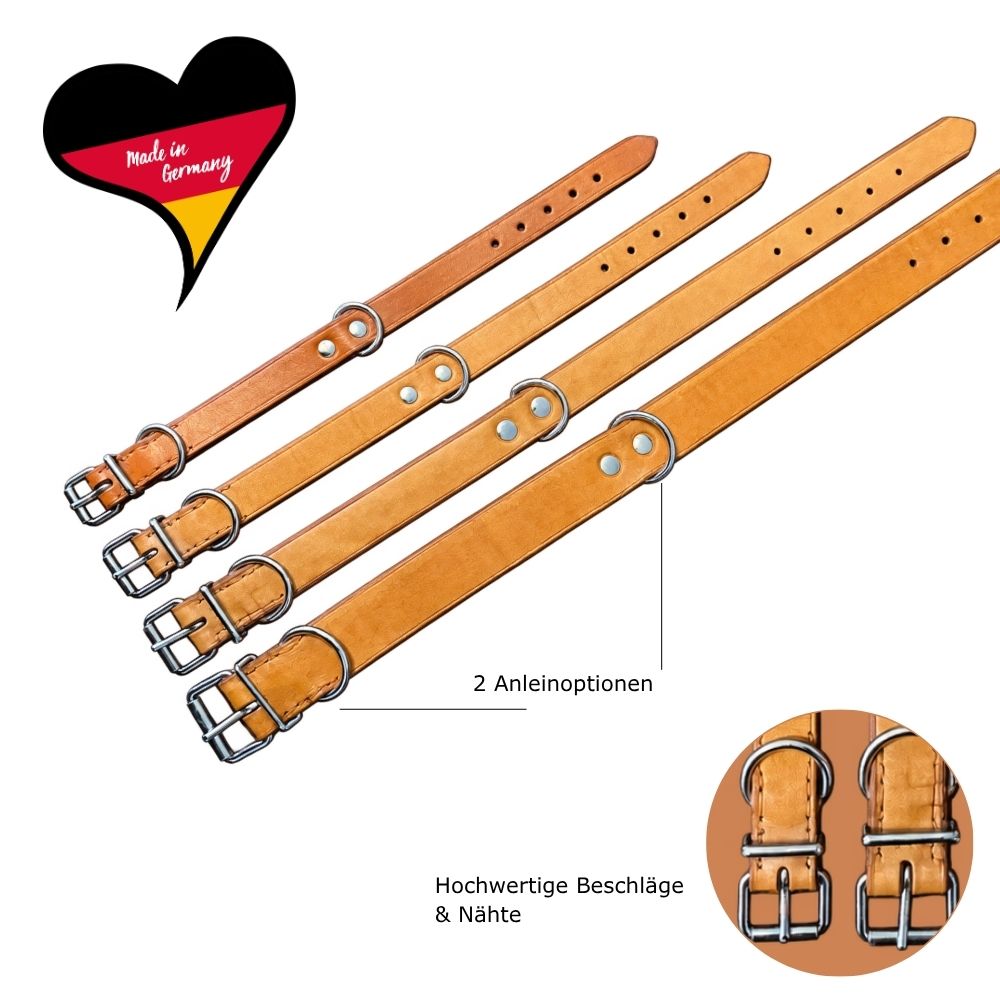 KOCH Hundehalsband aus Echtleder in nougat, Dornschnalle & D-Ring, genietet und genäht verschiedene Größen – deutscher Manufaktur-Abverkauf
