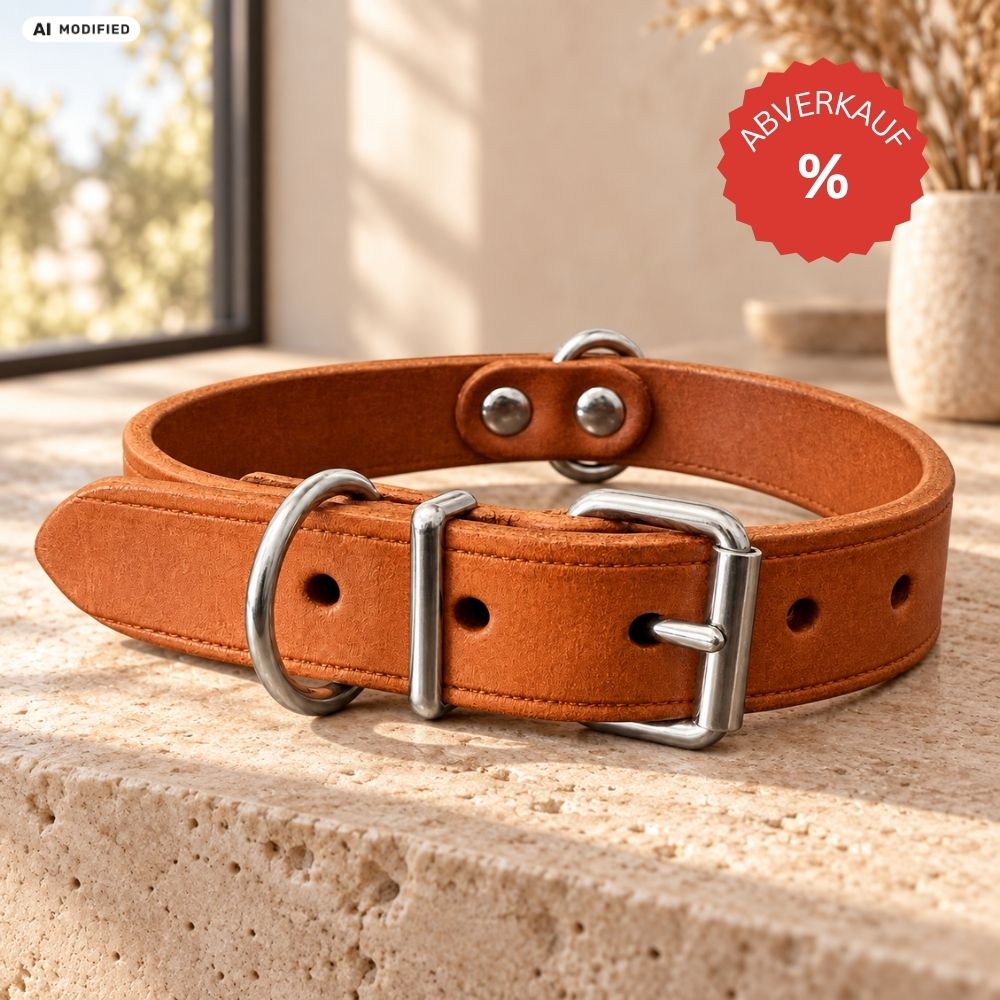 KOCH Hundehalsband aus Echtleder in nougat, Dornschnalle & D-Ring, genietet und genäht auf Tisch – deutscher Manufaktur-Abverkauf