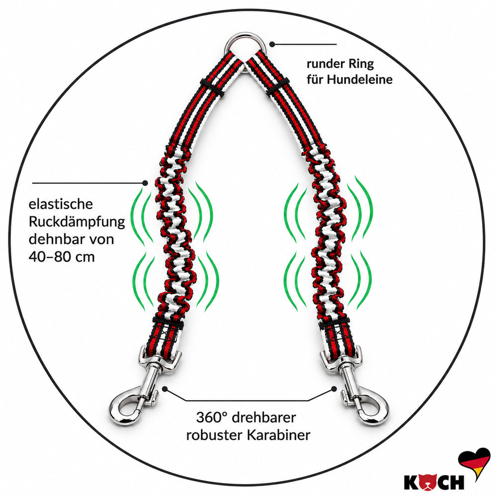 KOCH Koppel für zwei Hunde mit Ruckdämpfer Detailansicht elastischer Ruckdämpfer